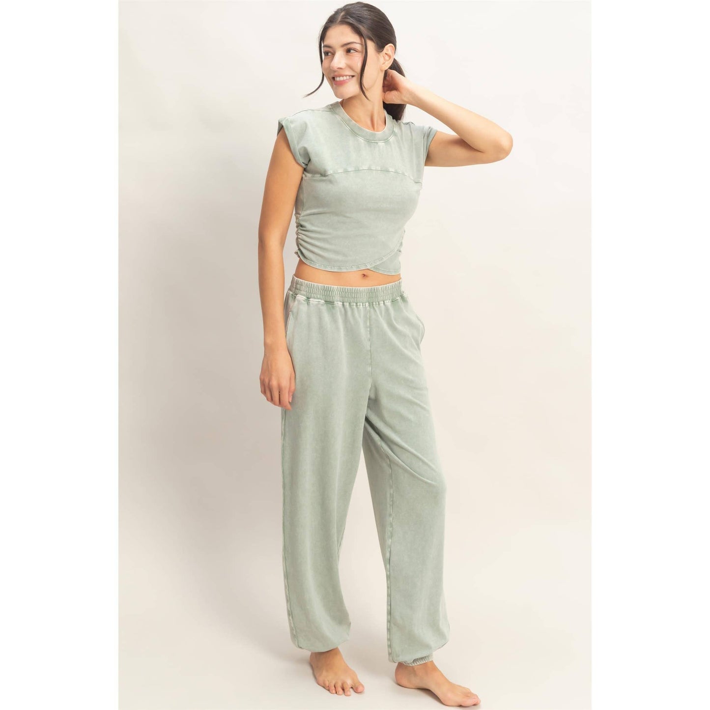 Rolled Sleeve Wrap-Front Crop Top And Jogger Set