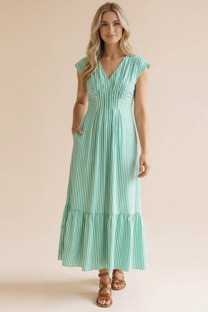 Pleated Back Smocked Waist Stripe Woven Maxi Dress