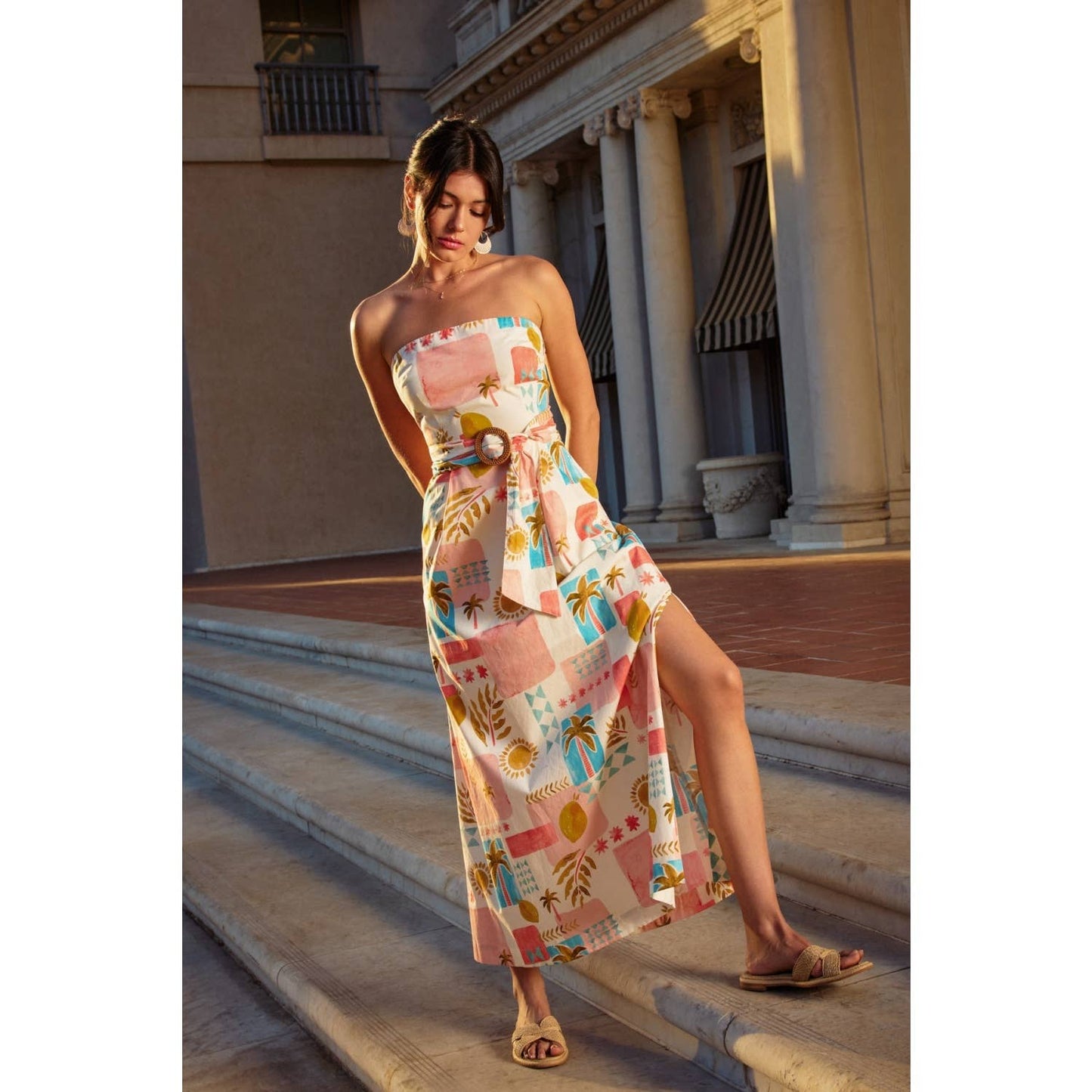 Moroccan Rattan Belt Strapless Maxi Dress