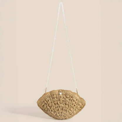 Straw Braided Pearl Beaded Strap Seashell Bag