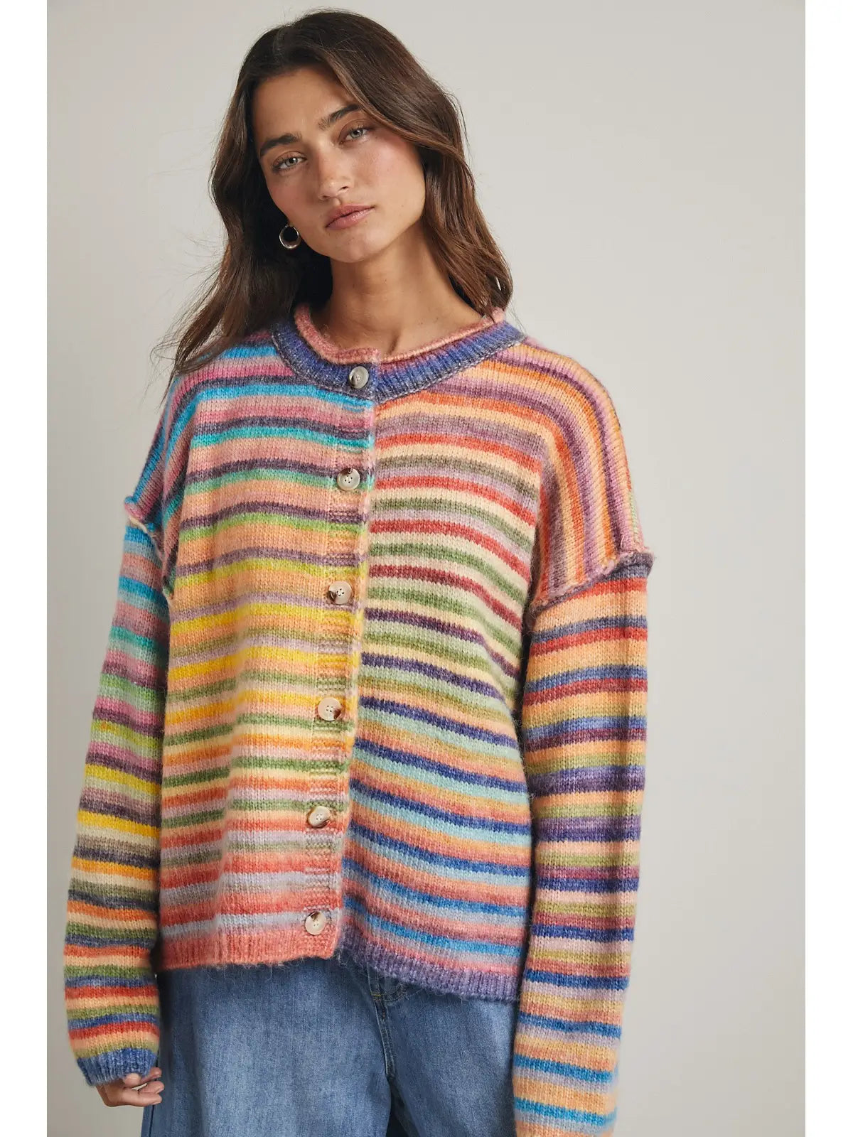 Rainbow Button-Up Knit Sweater Cardigan
