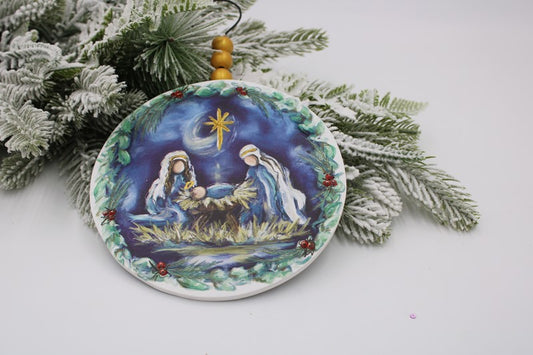 6" Wood Ornament, Holy Family Midnight Sky