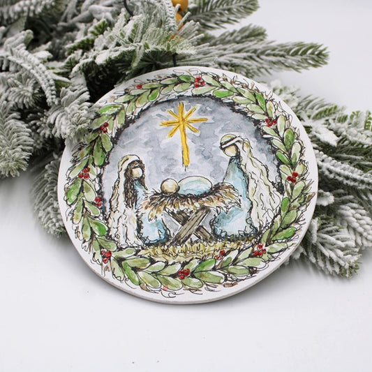 6" Wood Ornament, Nativity, Bead Hanger