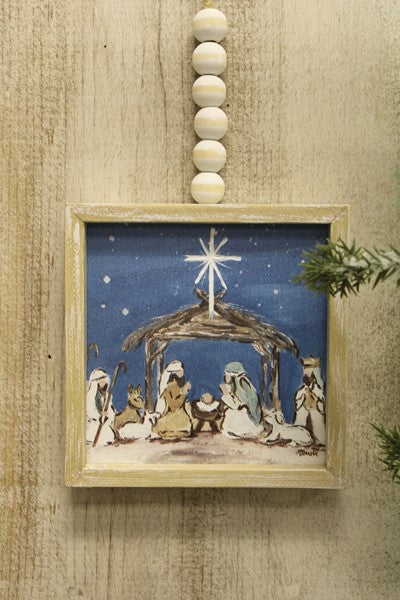 5x5" Framed Wood Ornament w/ Beads, Teal Nativity