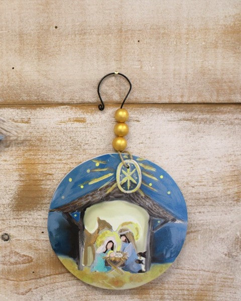6" Nativity Ornament, Creche in Night Sky, Star Dangle